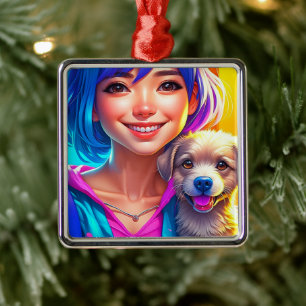 Anime Girl and Puppy Dog   Metal Ornament