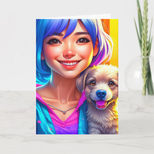 Anime Girl and Puppy Dog Personalised Birthday   Card