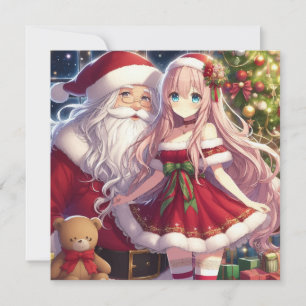 Anime girl and santa christmas holiday card