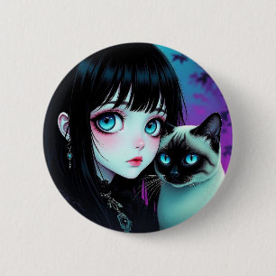 Anime Girl and Siamese Cat 6 Cm Round Badge