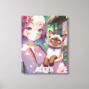Anime Girl and Siamese Cat Personalised Canvas Print