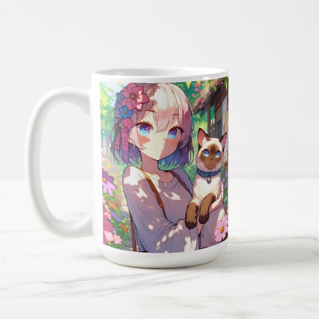 Anime Girl and Siamese Cat Personalised Coffee Mug (Left)
