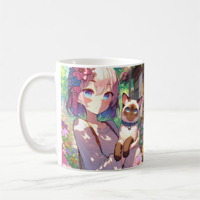 Anime Girl and Siamese Cat Personalised Coffee Mug (Left)