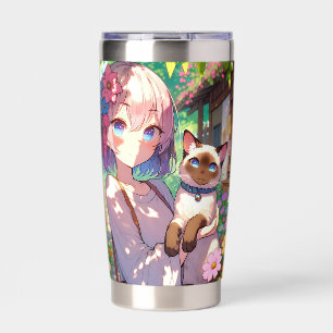 Anime Girl and Siamese Cat Personalised Insulated Tumbler