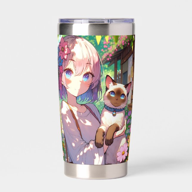 Anime Girl and Siamese Cat Personalised Insulated Tumbler (Front)
