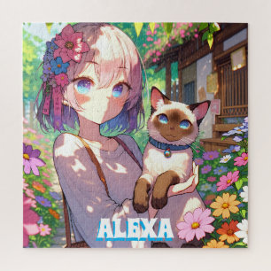 Anime Girl and Siamese Cat Personalised Jigsaw Puzzle