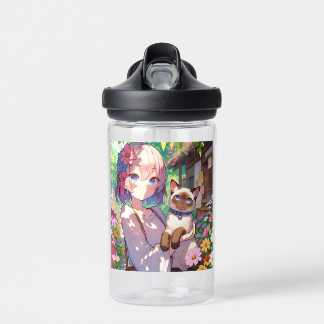 Anime Girl and Siamese Cat Personalised Water Bottle (Front)