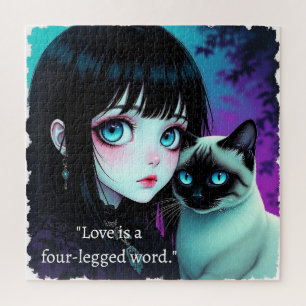 Anime Girl and Siamese Cat Quote Jigsaw Puzzle