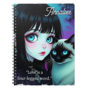 Anime Girl and Siamese Cat Quote Personalised Notebook