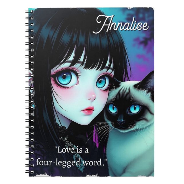 Anime Girl and Siamese Cat Quote Personalised Notebook (Front)