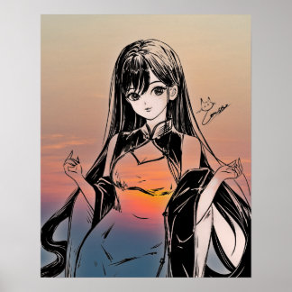 Anime Girl and Sunset Costume Illustration Poster