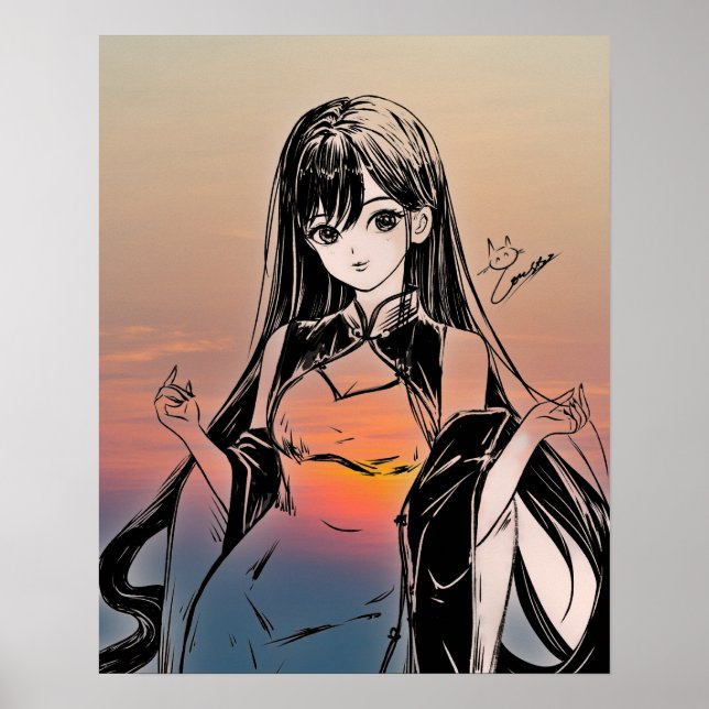 Anime Girl and Sunset Costume Illustration Poster (Front)