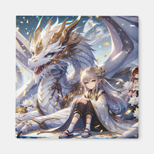 Anime Girl and White and Gold Dragon  Magnet