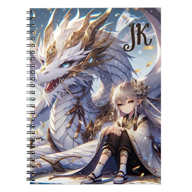 Anime Girl and White and Gold Dragon Monogrammed Notebook (Front)