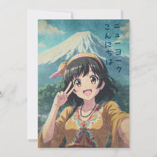 Anime Girl at Mount Fuji, Japan - Retro Kawaii Art Thank You Card