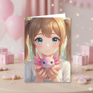 Anime Girl' Axolotl Birthday with Colouring Page Card