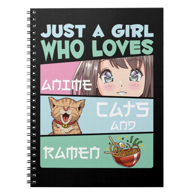 Anime Girl Cat and Ramen addicted Japanese Noodles Notebook (Front)