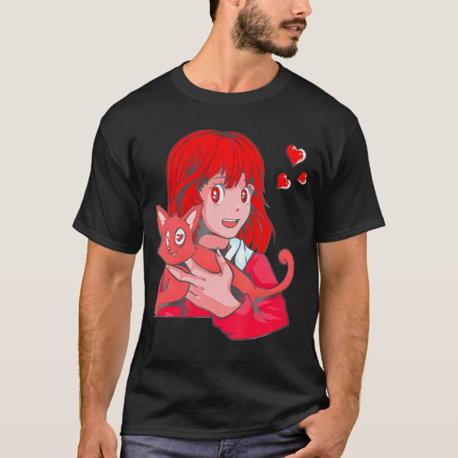 Anime Girl Cat Valentines Day Cute Kitten Kitty Lo T-Shirt (Front)