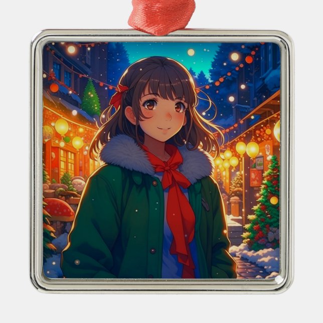 Anime Girl Christmas Lights  Metal Ornament (Front)