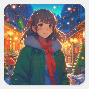 Anime Girl Christmas Lights Square Sticker