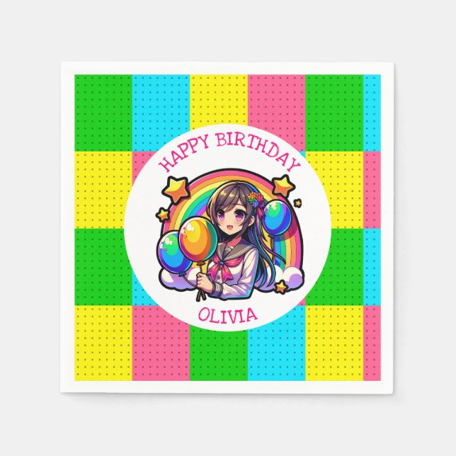 Anime Girl Colourful Pop Art Birthday Personalised Napkin (Front)