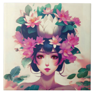 Anime Girl Crowned with Lotus Blossoms Ceramic Tile