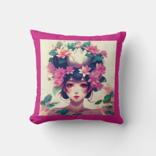 Anime Girl Crowned with Lotus Blossoms Cushion