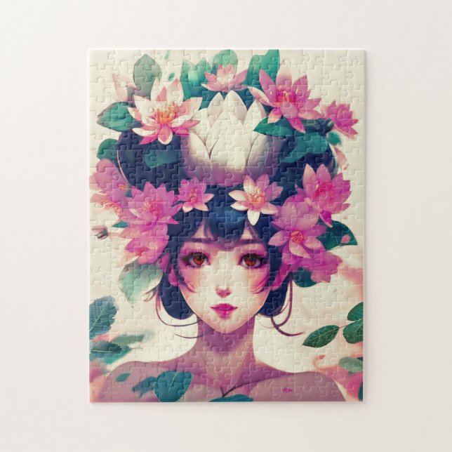Anime Girl Crowned with Lotus Blossoms Jigsaw Puzzle (Vertical)