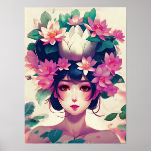 Anime Girl Crowned with Lotus Blossoms Poster