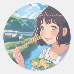 Anime girl eating ramen sticker