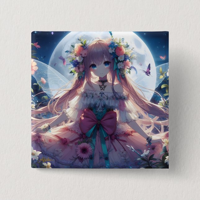 Anime Girl Flower Moon Fairy 15 Cm Square Badge (Front)