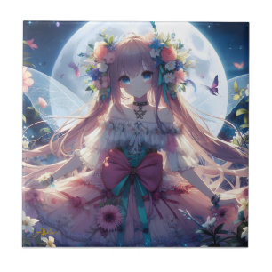 Anime Girl Flower Moon Fairy Ceramic Tile