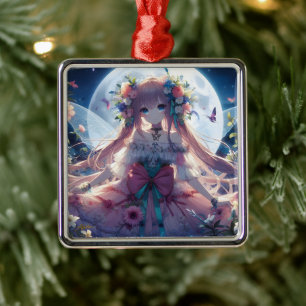 Anime Girl Flower Moon Fairy Metal Ornament