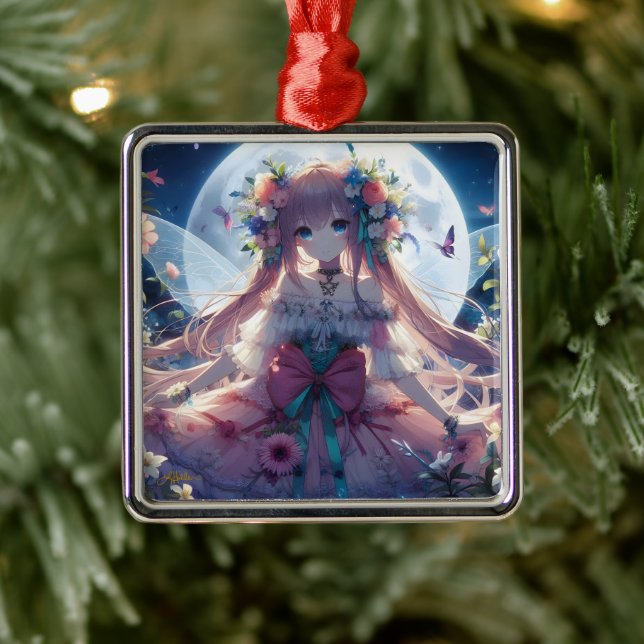 Anime Girl Flower Moon Fairy Metal Ornament (Tree)