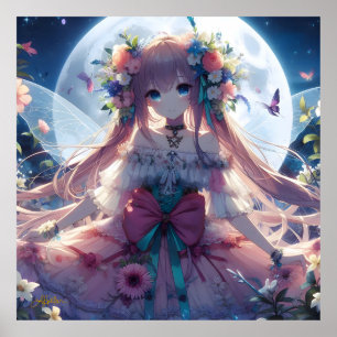 Anime Girl Flower Moon Fairy Poster