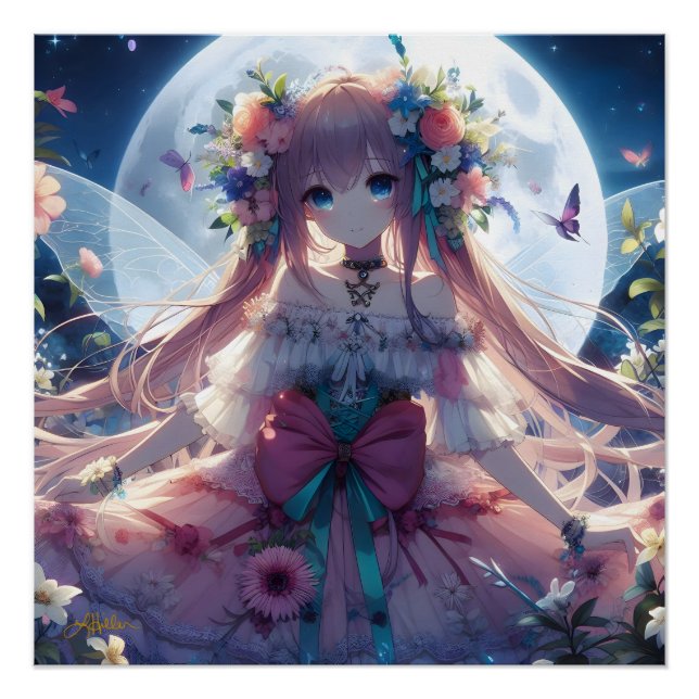 Anime Girl Flower Moon Fairy Poster (Front)