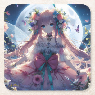 Anime Girl Flower Moon Fairy Square Paper Coaster