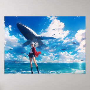 Anime Girl Flying Whale Blue Sea Horizontal Poster