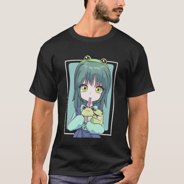 Anime Girl for Frog Lovers and Kawaii Boba Tea Fro T-Shirt (Front)