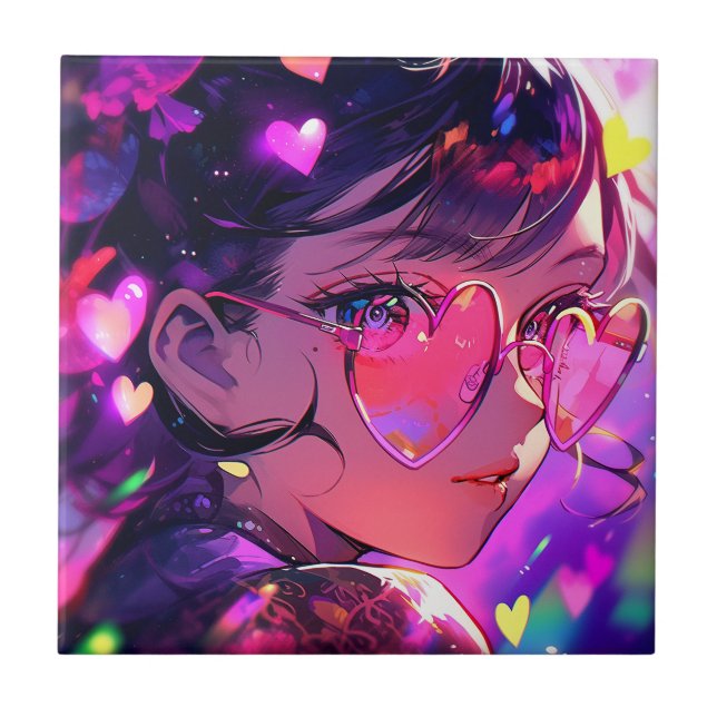 Anime Girl Hearts Ceramic Tile (Front)