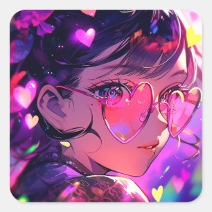 Anime Girl Hearts Square Sticker