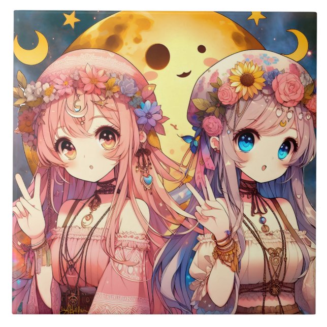 Anime Girl Hippie Moon Girls Giving Peace Sign Ceramic Tile (Front)
