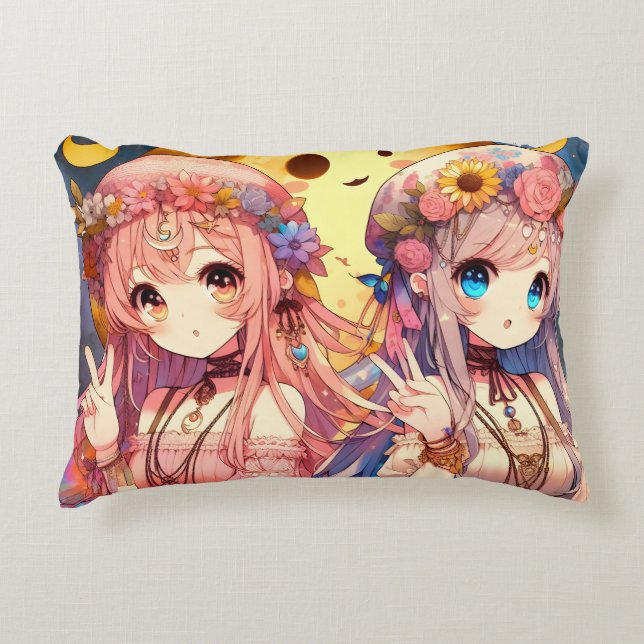 Anime Girl Hippie Moon Girls Giving Peace Sign Decorative Cushion (Front)