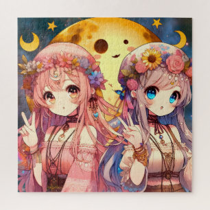 Anime Girl Hippie Moon Girls Giving Peace Sign Jigsaw Puzzle