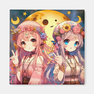 Anime Girl Hippie Moon Girls Giving Peace Sign Magnet
