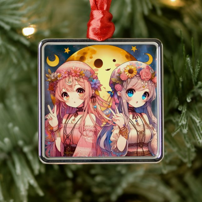Anime Girl Hippie Moon Girls Giving Peace Sign Metal Ornament (Tree)