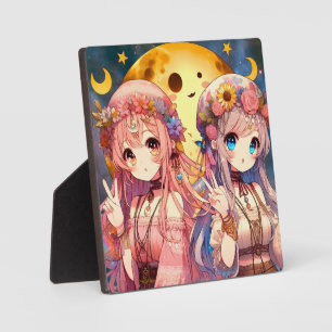 Anime Girl Hippie Moon Girls Giving Peace Sign Plaque