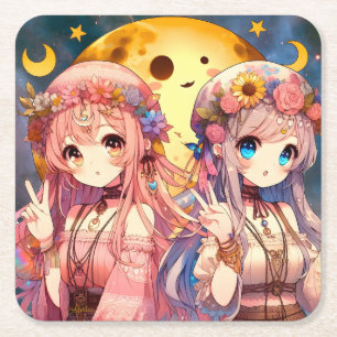 Anime Girl Hippie Moon Girls Giving Peace Sign Square Paper Coaster