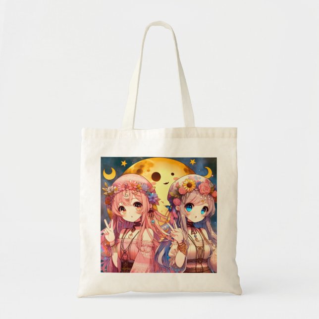 Anime Girl Hippie Moon Girls Giving Peace Sign Tote Bag (Front)