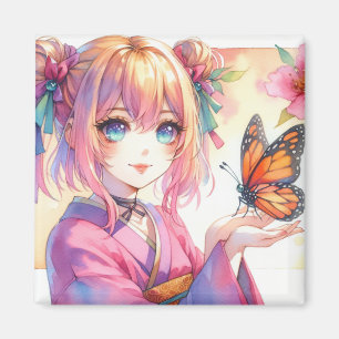 Anime Girl Holding a Butterfly Ai Art Magnet
